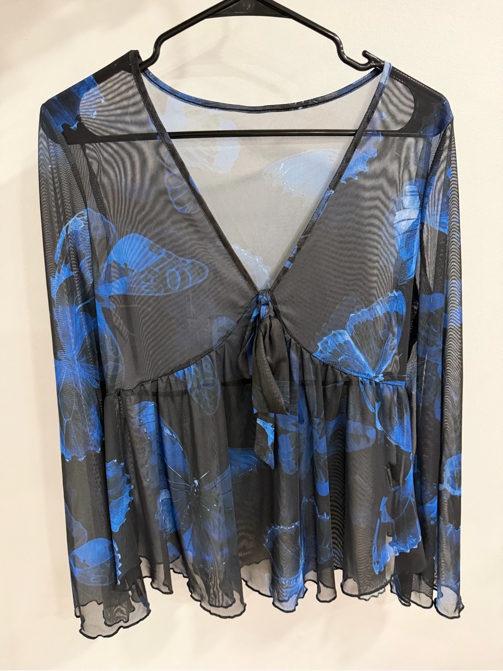 Sheer Black Top with Blue Floral Print